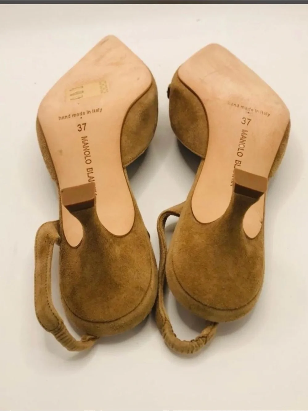 Manolo Blahnik Camel Suede Pointed Slingback Pumps with Ruching